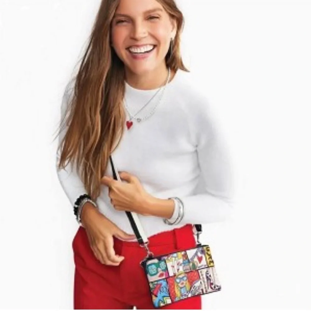 Brighton Multicolor Comic Print Crossbody Bag with Pink Lining